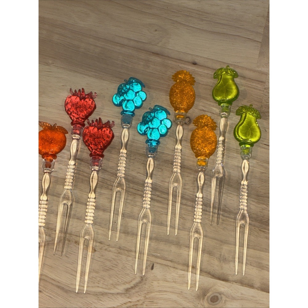 Vtg‎ Jubilee 1998 Acrylic Cocktail Fork 9 Piece Set Fruit Design